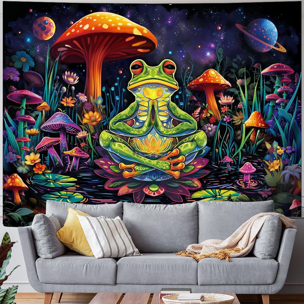 Frog Tapestry Hippie Mushroom Tapestry Galaxy Space Tapestries Colorful Plant Floral Wall Art Aesthetic Tapesties Wall Hanging