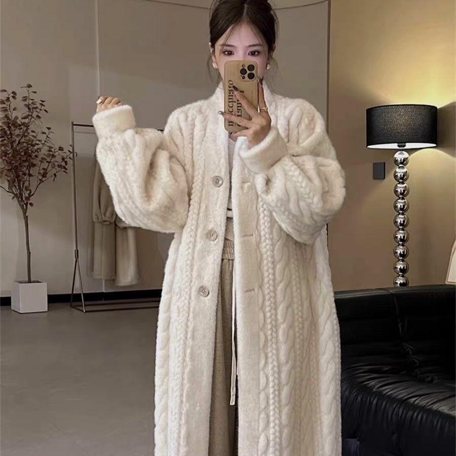 Autumn And Winter Thickened Long Large Size Knee Imitation Mink Cardigan Fur Coat Twist Imitation Mink Plush Jacket
