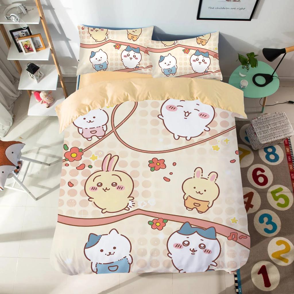 Cartoon Chiikawas Cute Themed Bedding Set Colorful Print Polyester Student Dormitory Bed Sheet Quilt Cover Kid Gift Home Textile