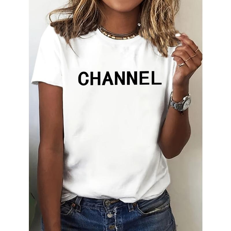 Machine Washable Women's Casual Elegant Fashion CHANNEL Graphic T-shirt - Crew Neck Short Sleeve Top