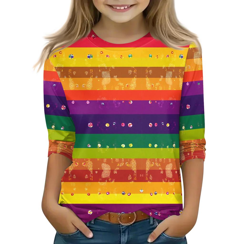 Print Tops For Youth Girls Round Neck 3/4 Sleeves T-Shirts Trendy Tops Outfit Tees