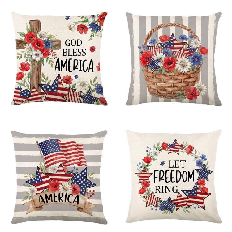 Star Striped Flower Wreath Throw Pillow Case 4th of July Patriotic Independence Memorial Day US Flag Cushion Cover