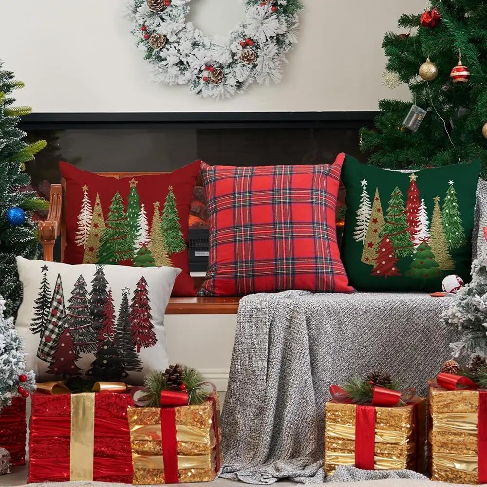 Christmas Pillow Covers 18x18 Inch Christmas Tree Decorative Red Throw Pillows Winter Christmas Decor for Home Couch Sofa Bed