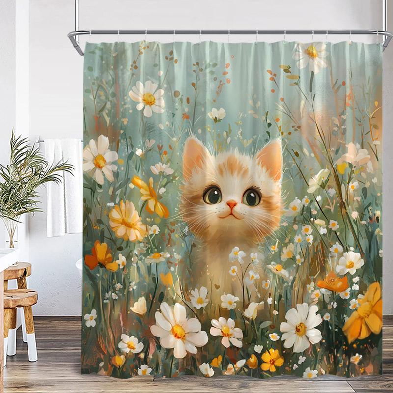 Cute Cat Shower Curtain Pink Cherry Floral Tree Asian Oriental Watercolor Flower Funny Animal Green Grass Bathroom Curtain Decor