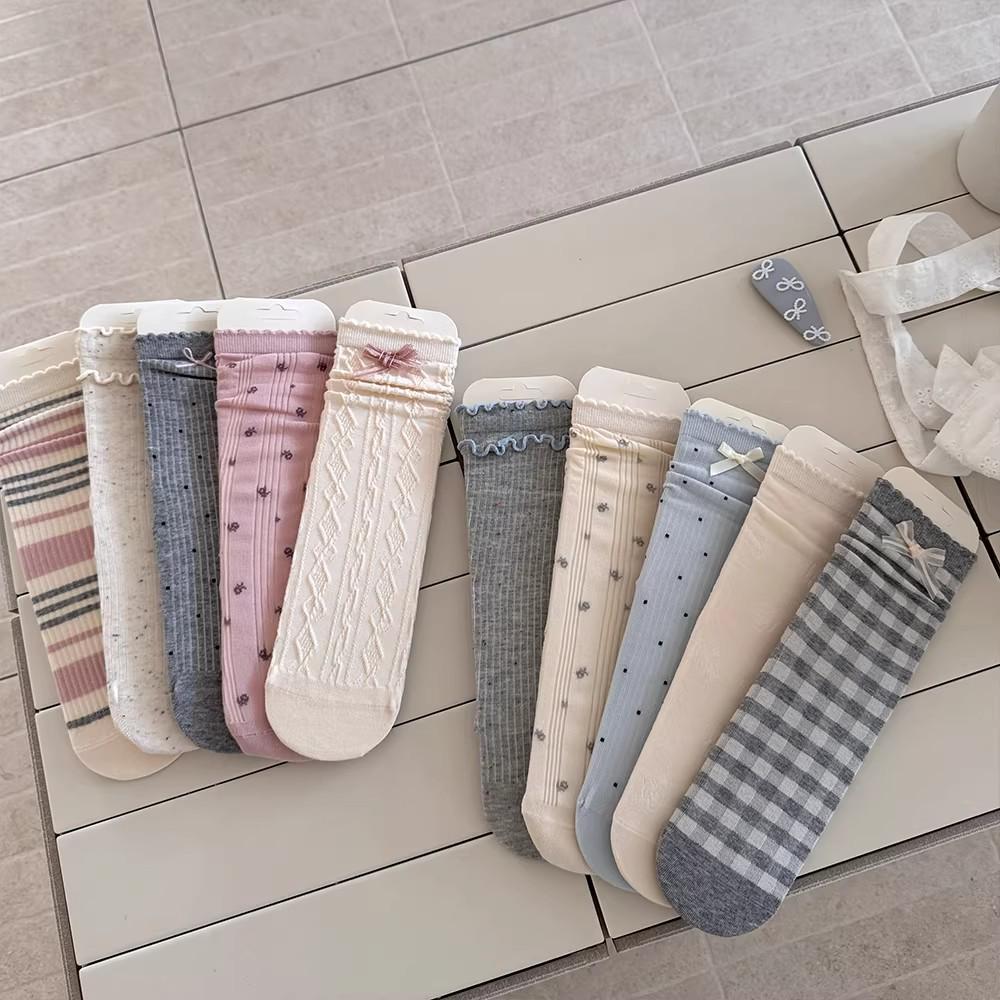 Bowknot Women's Grey-Blue Ballet Style Mid-Calf Socks, Autumn/Winter, Thin Seamless Cotton, Korean Style.