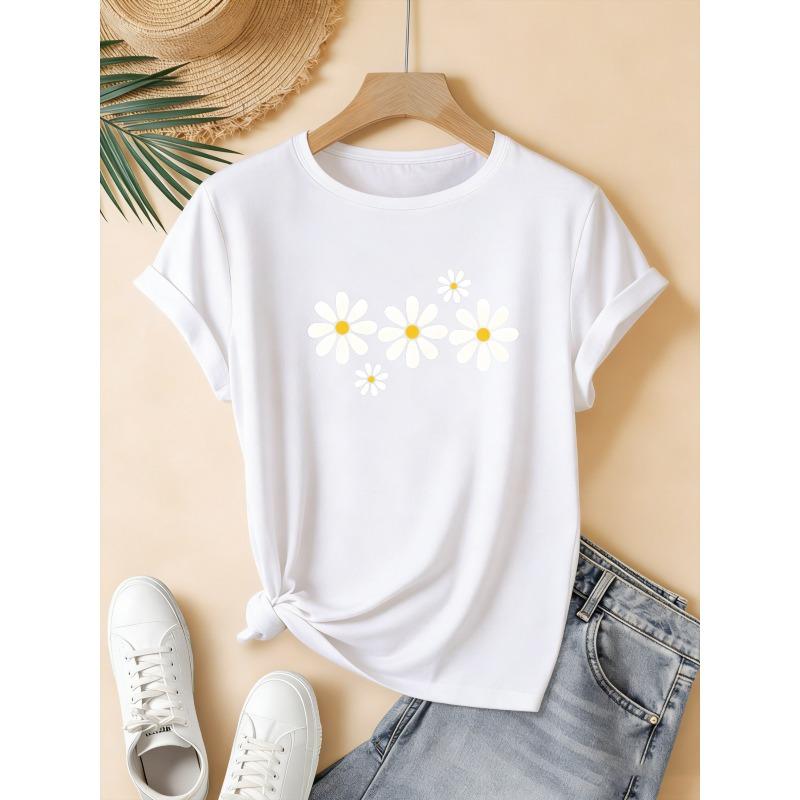 Big Size Women Round Neck Short Sleeve T Shirt Daisy Flower Print Summer Casual Wear for Beach And Daily Outfits