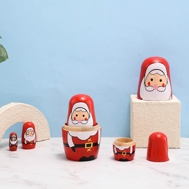Wooden Russian Nesting Dolls Set With Christmas Decor And Modern Minimalist Style For Holiday Gift