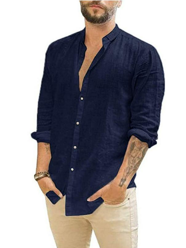 Men's European & American Linen Stand-Up Collar Cardigan Shirt - Solid Color, Long Sleeve, Casual, 2021