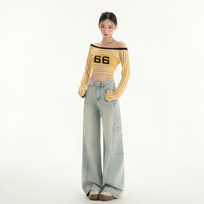 

Женские джинсы с широкими штанинами светло-голубого цвета в стиле ретро — коллекция весна/лето 2025 г. 2XL