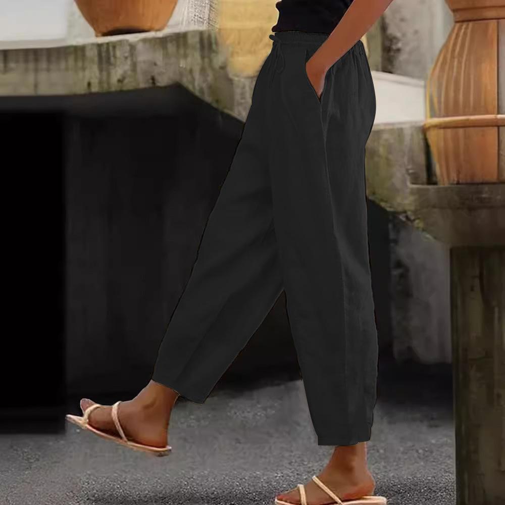 Eleganti Pantaloni da Donna a Vita Alta con Coulisse in Vita, Versatili per Tutte le Stagioni, Dettagli Tasche, Vestibilità Regolare, Pantaloni Casual | Pantaloni in Poliestere