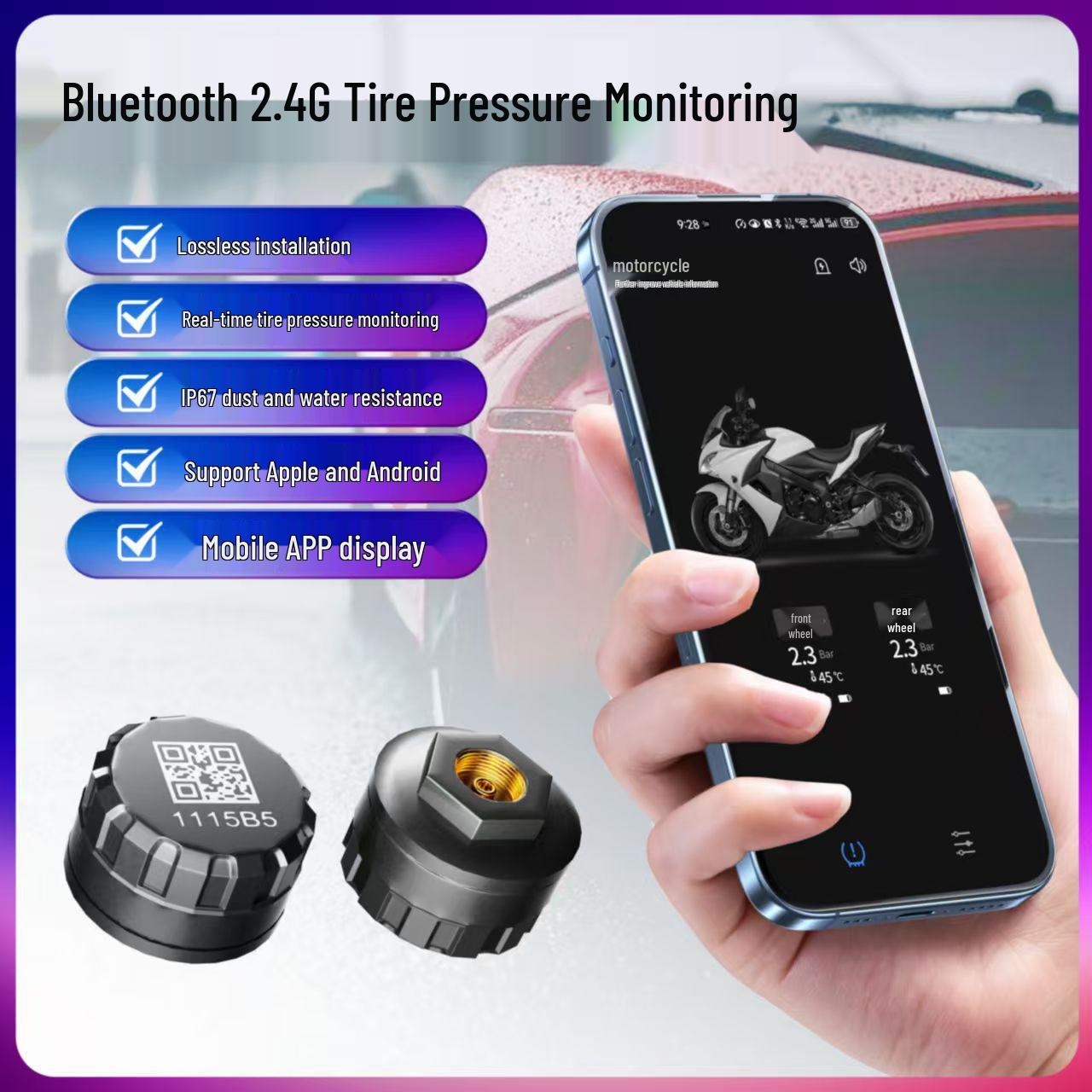 

Wireless Bluetooth Tire Pressure Monitor for Cars & Motorcycles with Mobile App External