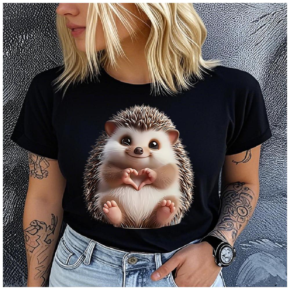 Unisex Polyester Summer Top The Little Hedgehog vs. The Heart Print Loose round Neck Short Sleeve Fashion for Astrology Lovers