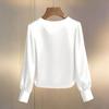 Women Tops Round Neck Long Sleeve Smooth Satin Pullover Tops Solid Color Loose Fit Faux Pearls Decor Casual Shirt Daily Wear