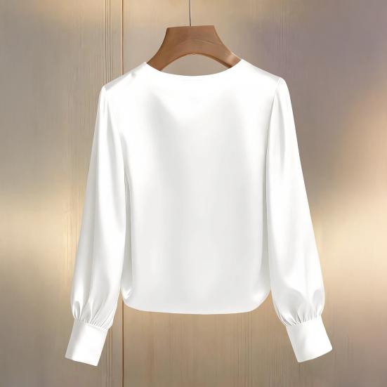 Women Tops Round Neck Long Sleeve Smooth Satin Pullover Tops Solid Color Loose Fit Faux Pearls Decor Casual Shirt Daily Wear