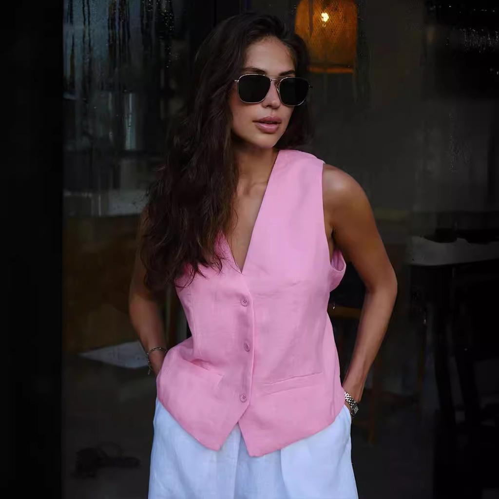 Kvinners Høst Vinter V-hals Dobbel Breasted Ensfarget Temperament Pendeldress Vest