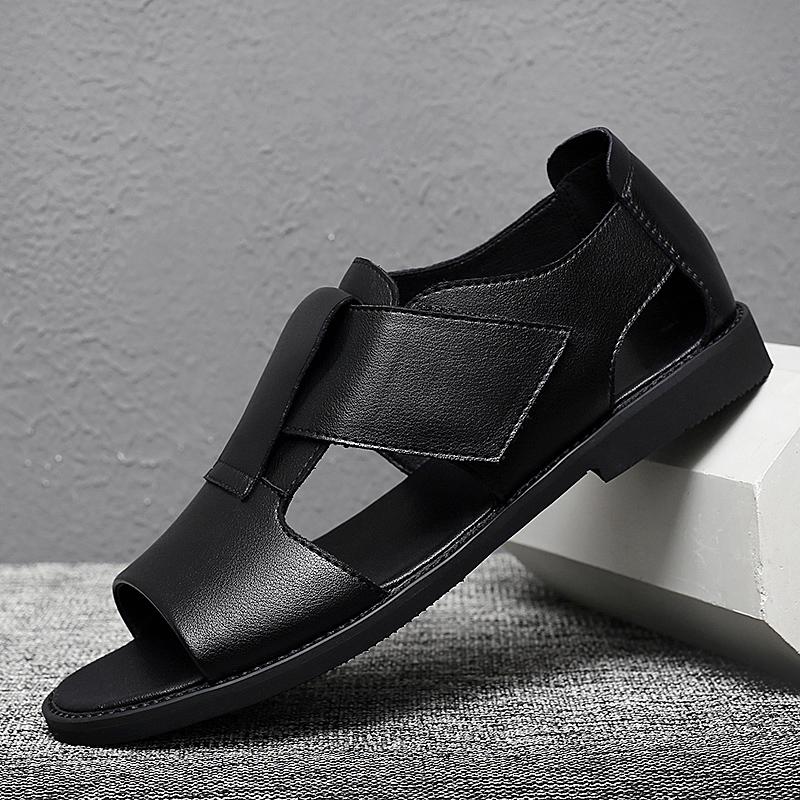 

Летние мужские римские сандалии из натуральной кожи в корейском стиле, британские кожаные сандалии, повседневные нескользящие пляжные тапочки, роскошная повседневная обувь 44 чёрный