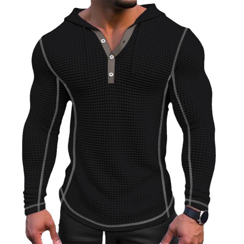 Men Waffle Knit Hooded Henley Shirt Vacation Long Sleeve T Shirt Casual Fashion Style