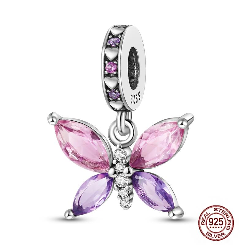 Charms Beads 925 Sterling Copper Pink Butterfly Luminous Firefly Chameleon Heart Charm Fit Original Bracelet DIY Holiday Zircon