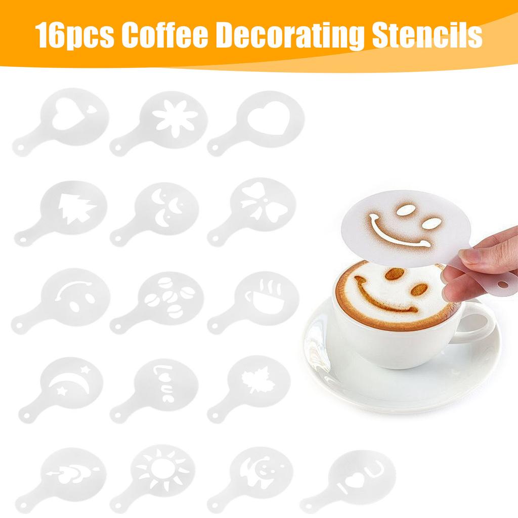 21pcs Coffee Art Set 12oz 350ml Stainless Steel Milk Frothing Pitcher with Scale 16pcs Coffee Decorating Stencils 58mm