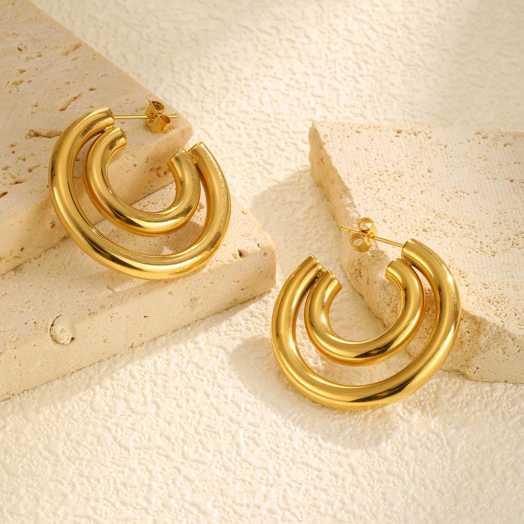 Classic C-shaped Earrings for Women,Gold Plated Stainless Steel Double Round Tube Earrings,Unique Jewelry Mother's Day Gift
