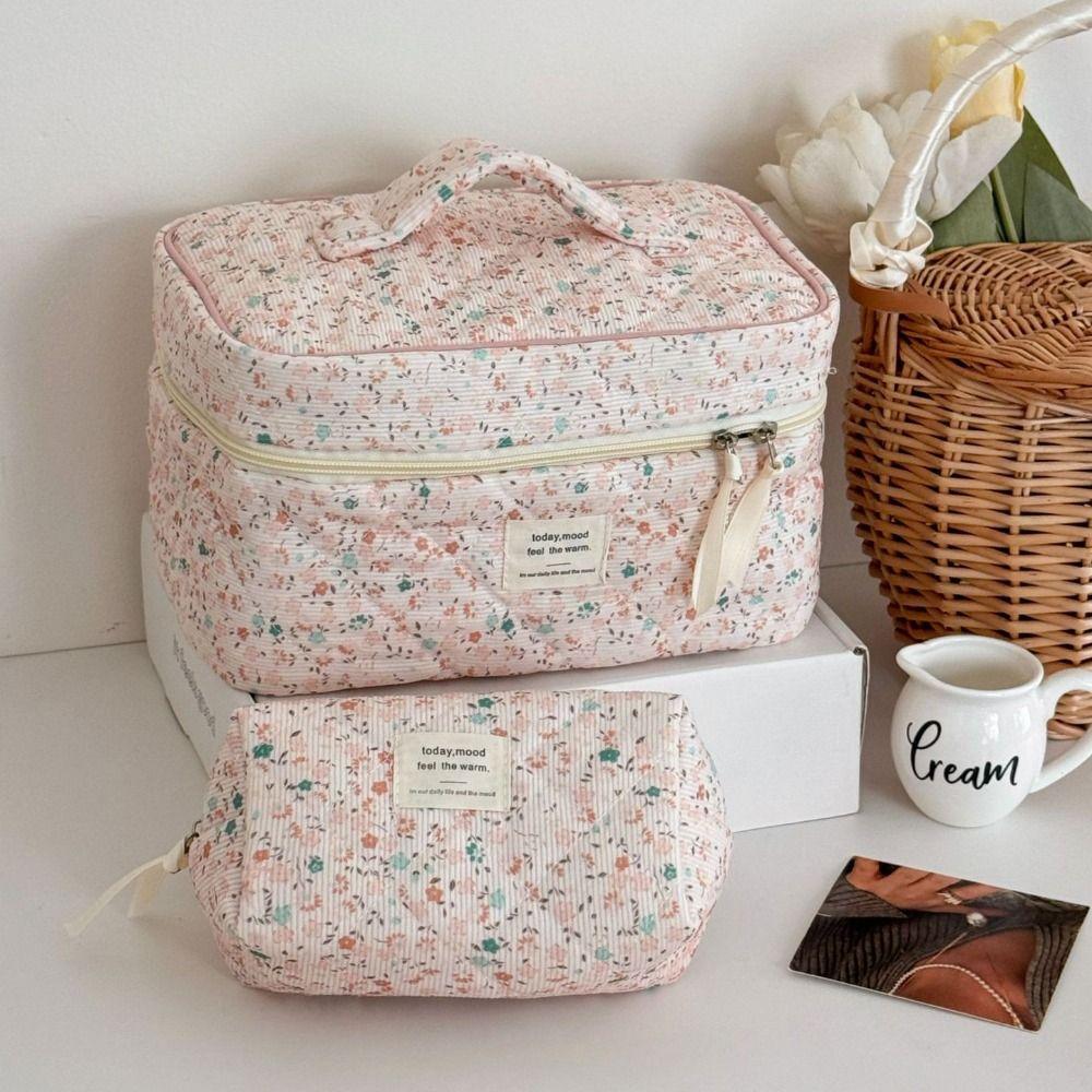 Portable Corduroy Aesthetic Cosmetic Organizer Large Capacity Zipper Floral Makeup Pouch Toiletry Bag Makeup Brush