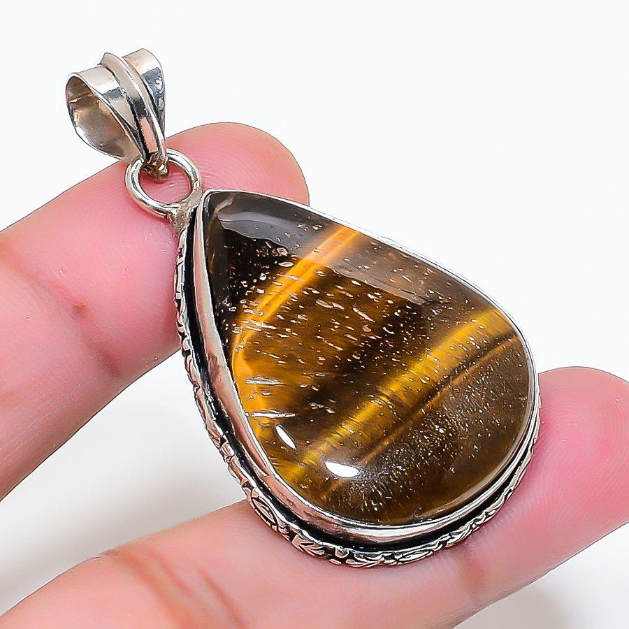 Natural Tiger Eye Gemstone Handmade 925 Sterling Silver Pendant 1.89" AP-15011