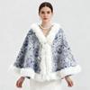 Damen Gestricktes Cape mit Perlenknöpfen Kunstpelzkragen Warmer Bedruckter Schal Winter