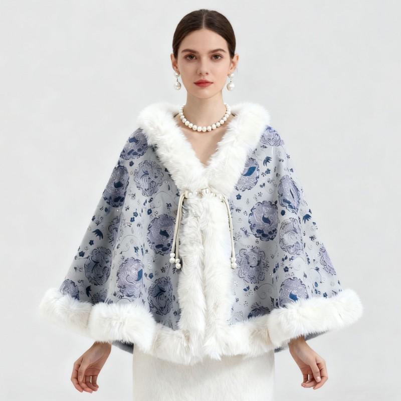 Damen Gestricktes Cape mit Perlenknöpfen Kunstpelzkragen Warmer Bedruckter Schal Winter