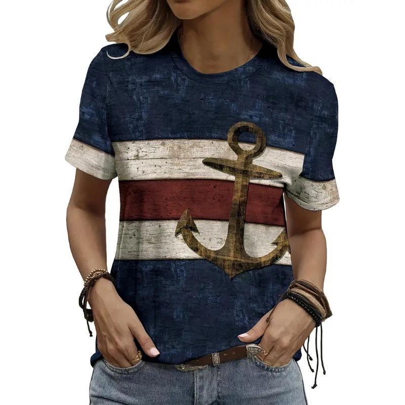 Summer Round Neck 3D Barb Print Top Fashionable Casual Short Sleeved Women's T-shirts