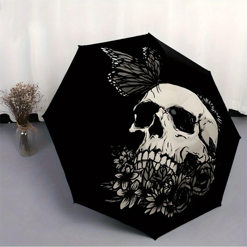 1pz Ombrello Pieghevole Automatico con Fiori e Teschio, Tetto Robusto a 8 Stecche, Ombrello da Viaggio Portatile per Uso Esterno