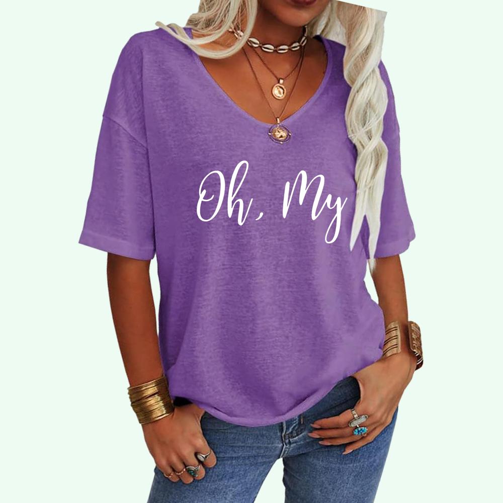 Women Fashion Letter Print Tee Shirt Summer Casual V-neck Top Loose Short Sleeve T-shirt
