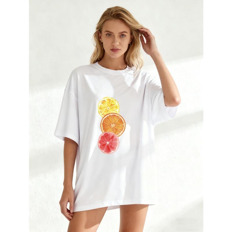 Black Oversized T Shirt With Citrus Fruit Print For  Casual Wear