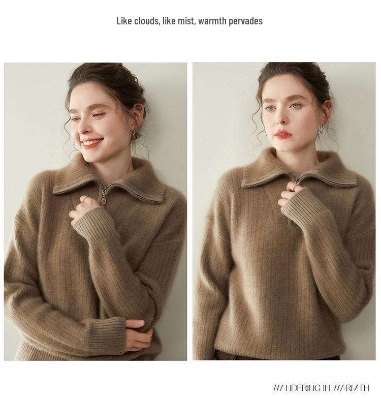 Women's Cashmere Stand Collar Zipper Sweater - Loose Fit Pullover & Cardigan