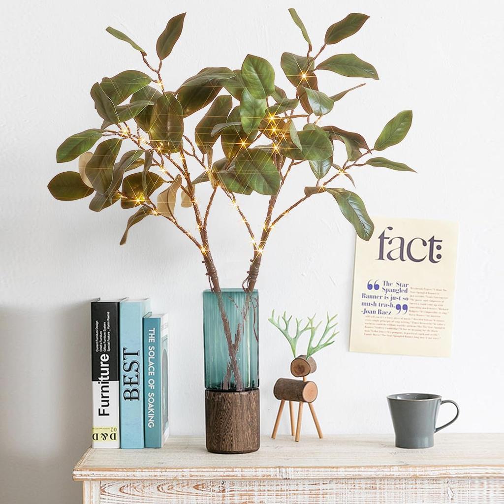 Fudios Magnolia Branches Lights with Timer 32IN 60 LED Battery Operated or USB Plug in Artificial Greenery Magnolia Stems for Spring Decor