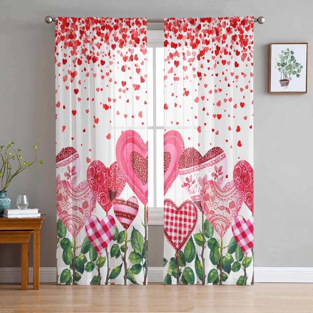 Valentine'S Day Love Pendant Love Flower Tulle Voile Curtains for Bedroom Living Room Window Curtain Sheer Organza Drapes