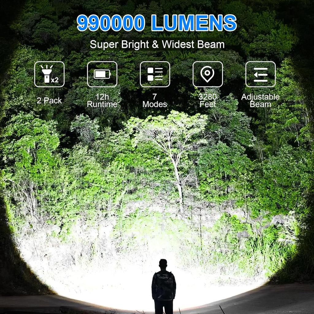 Rechargeable Flashlights High Lumens 2 Packs, 990000 Lumens Super Bright LED Flashlight with 7 Modes & Waterproof, Powerful Flash Light for Home
