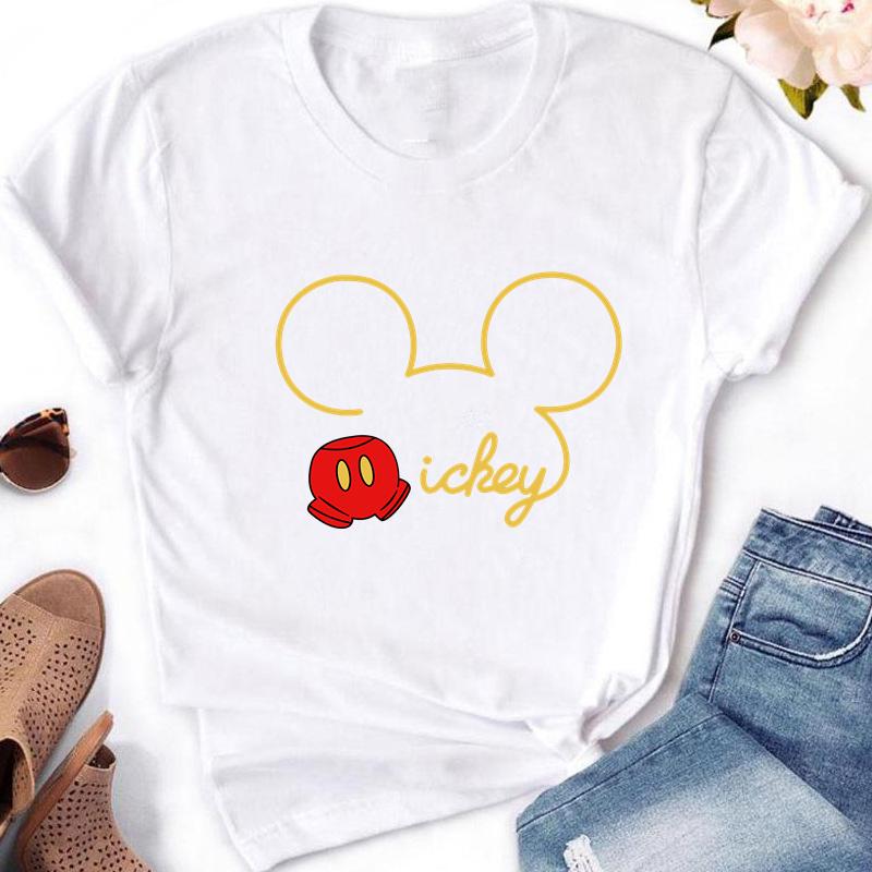 2025 Disney Mickey Minnie Mouse Fashion Print Women White T-shirt Girl Short Sleeve Crew Neck Casual Top for Women's Clothing