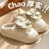 Winter New Cotton Slippers Grid Less Sweet Bow Velvet Warm Thick Bottom Home Outside Slippers