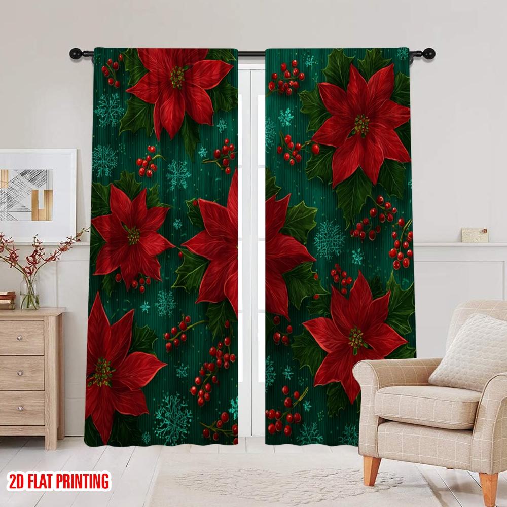 2pcs,2D Plane Printing Curtain Popular Red Poinsettias_ Holly_ Snowflakes & Ornaments Versatile Durable Polyester (without Rod)