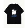 Oversized T Shirt Black Cute White Dog With Wow Text Print Casual Wear For Women Summer Outfit Street Style Fashion Top