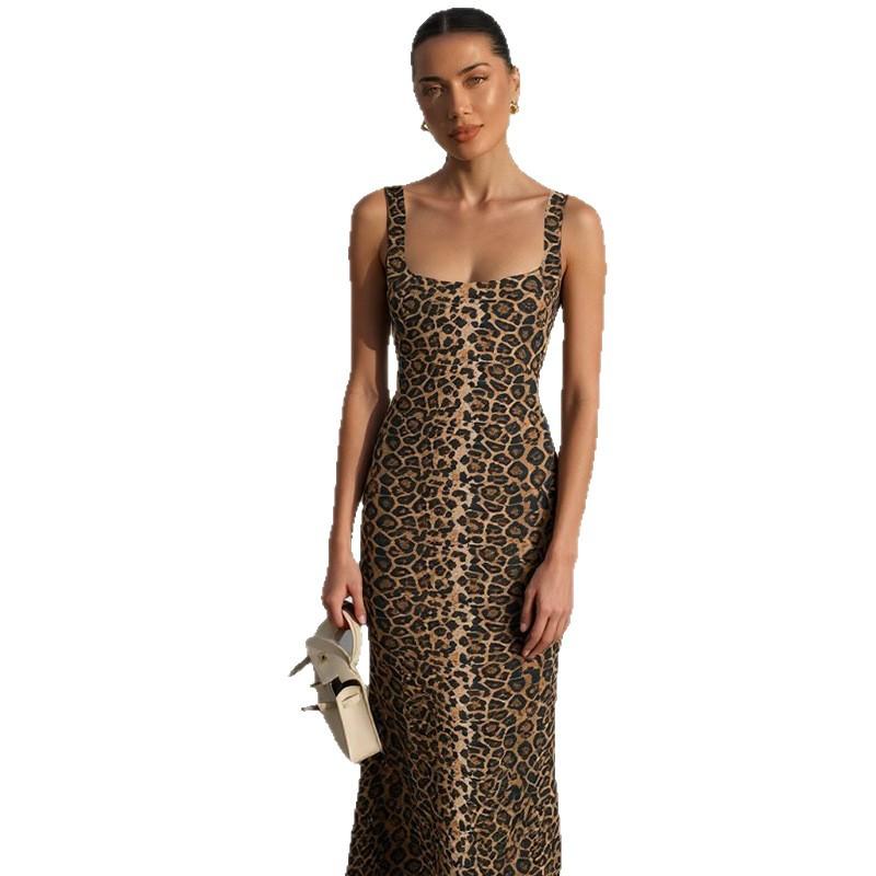 European and American women's clothing autumn new fashion printing waist elastic split hip bag leopard print dress women's wholesale