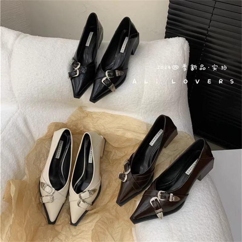2025 spring and autumn new design sense niche single shoes women's shoes Korean version retro metal buckle pointed head shallow mouth thick heel