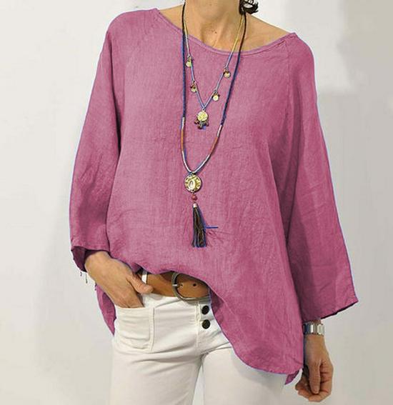 In Stock 2025 Women's Solid Color Cotton Linen Raglan Sleeve Round Neck Top
