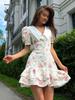 European & American V-Neck Puff Sleeve Summer Dress with Waist-Cinching, Print & Ruffle Details