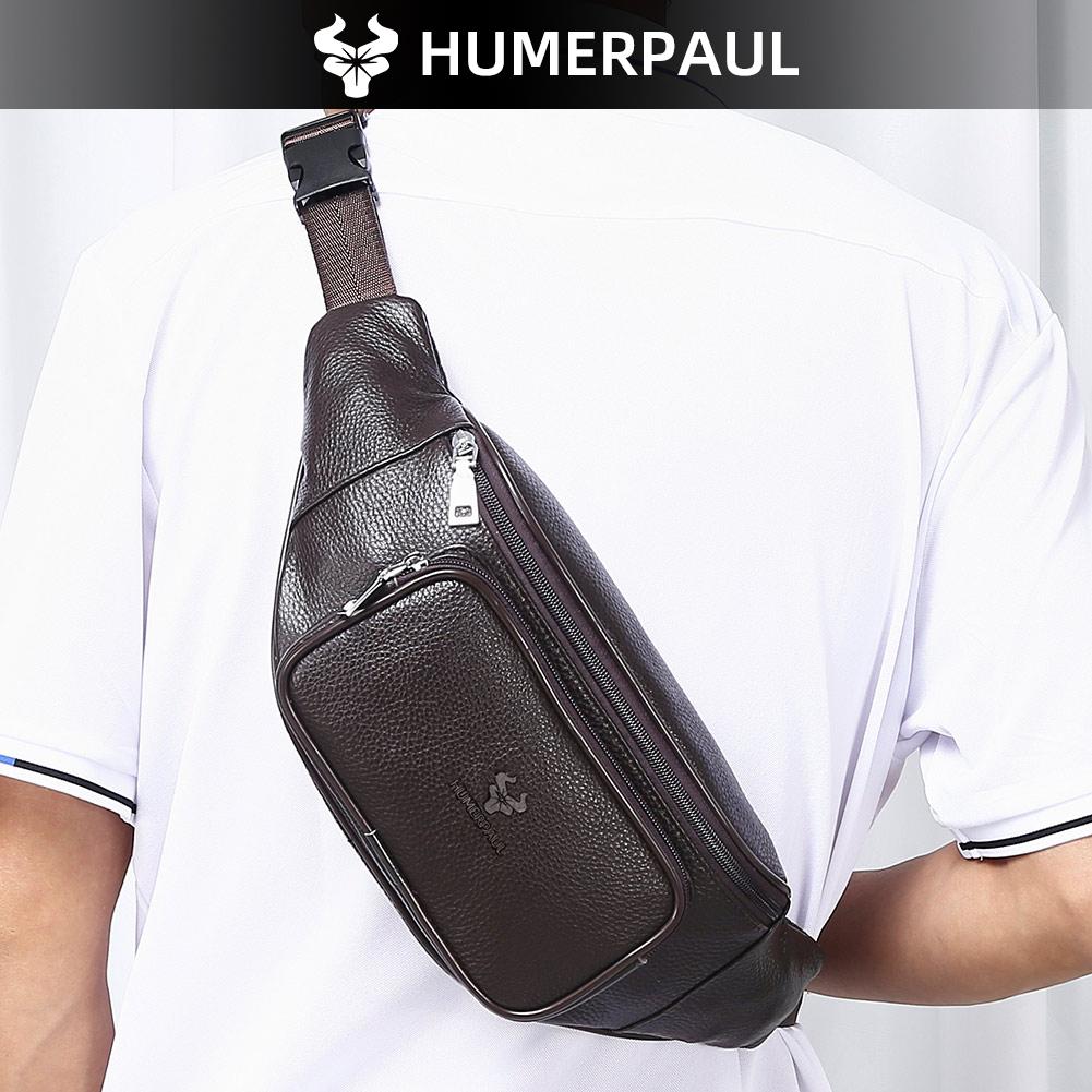 HUMERPAUL Men leather waist bag multifunctional cowhide leisure sports mobile phone waist bag multi-compartment chest bag large-capacity shoulder bag