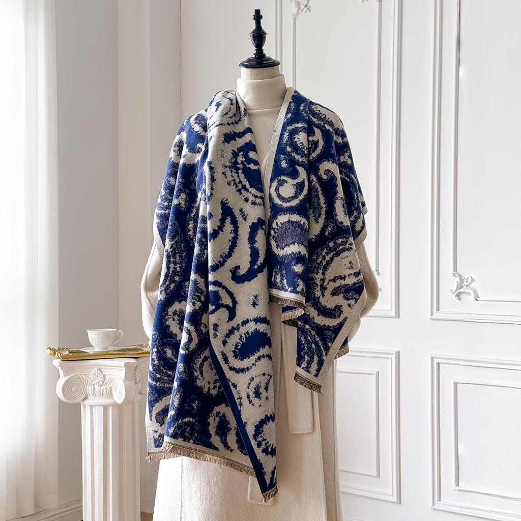 Fashion  Women'S Faux Cashmere Winter Shawl Vintage Print Tassels Thick Warm Pashmina Two-Sided Outdoor Scarf Wraps Foulard