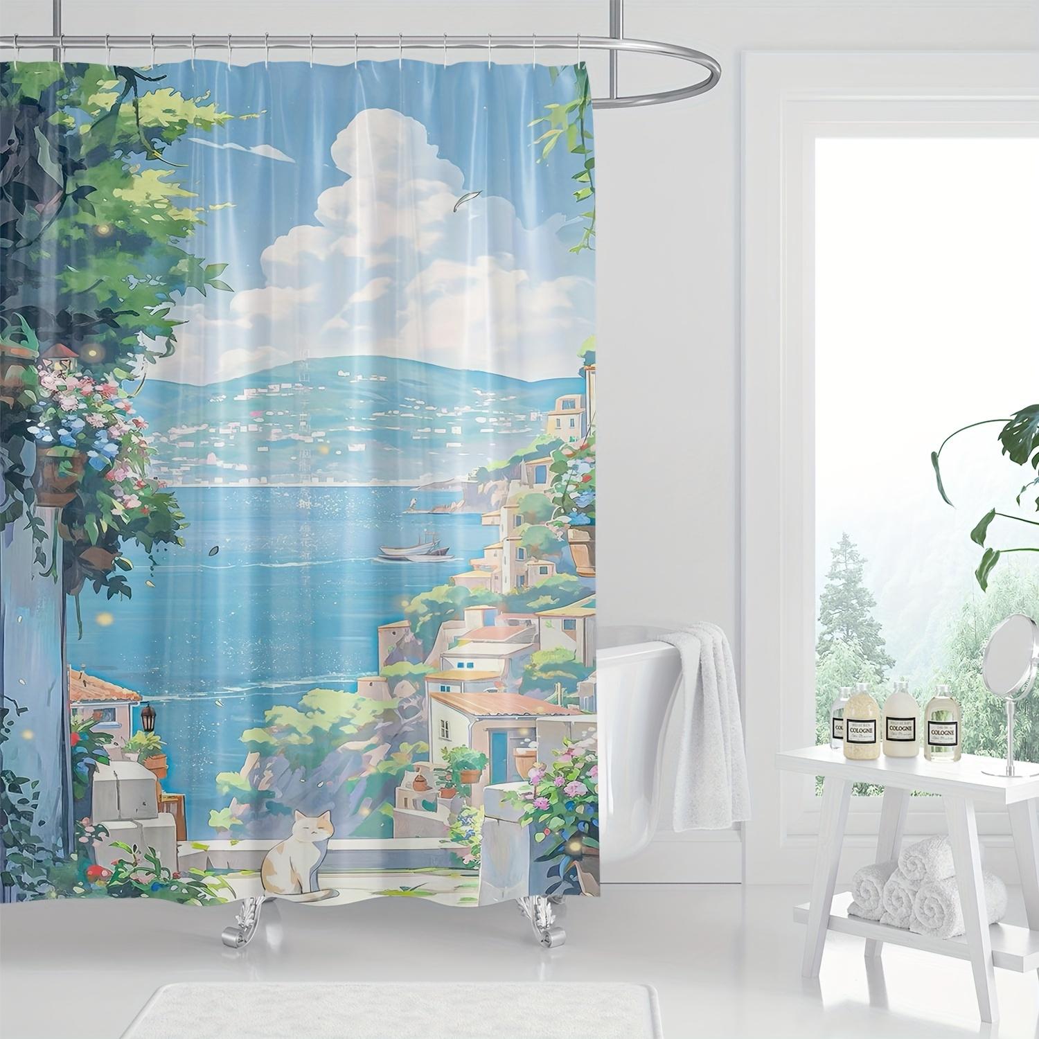 

Coastal Cityscape Shower Curtain - Polyester Decor, Vibrant Beach Town Artwork, All-Season Use, Artistic Bathroom Accessory W60H190(CM)-1 Pcs