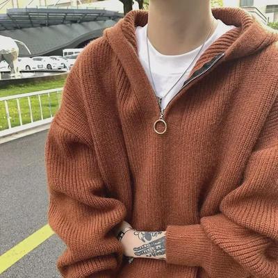 Men's Autumn Oversized Hong Kong Style Half-Zip Knitted Hoodie
