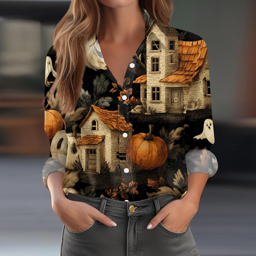Women's Halloween Printed Casual Half-Open Collar Long Sleeve Shirt