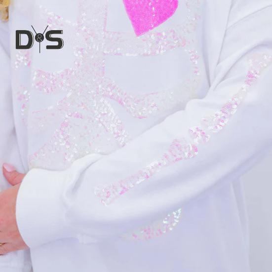 Women Sweatshirt Skeleton Pattern Round Neck Sequin Decor Long Sleeves Loose Elastic Cuffs Pullover Sport Daily Wear Fall Spring Top